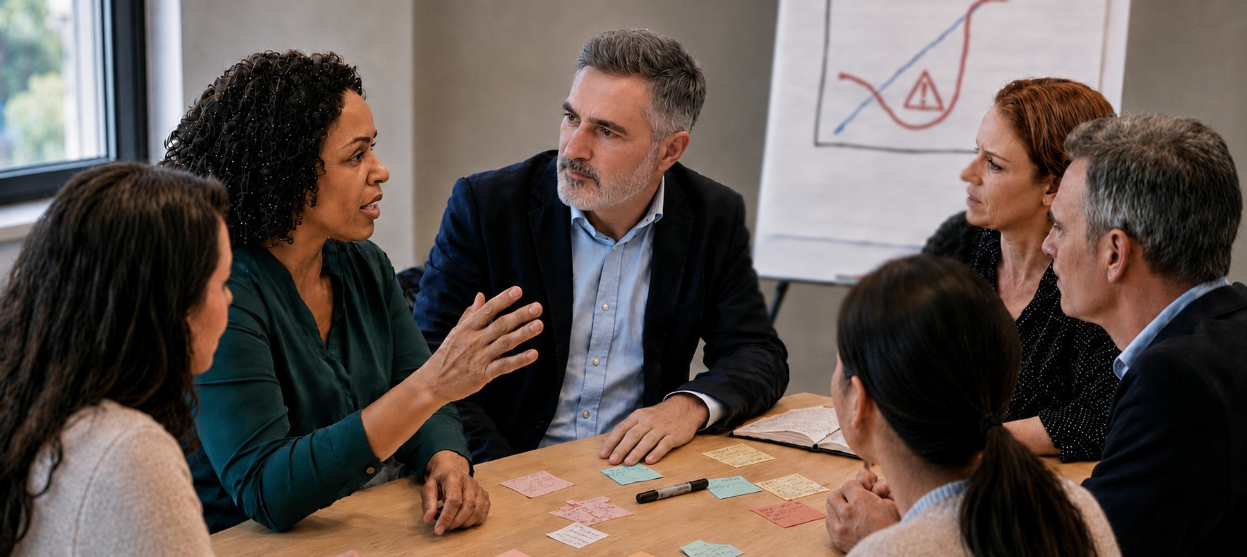 A working session in progress — participants facing each other at a table with sticky notes and a change curve on the flip chart